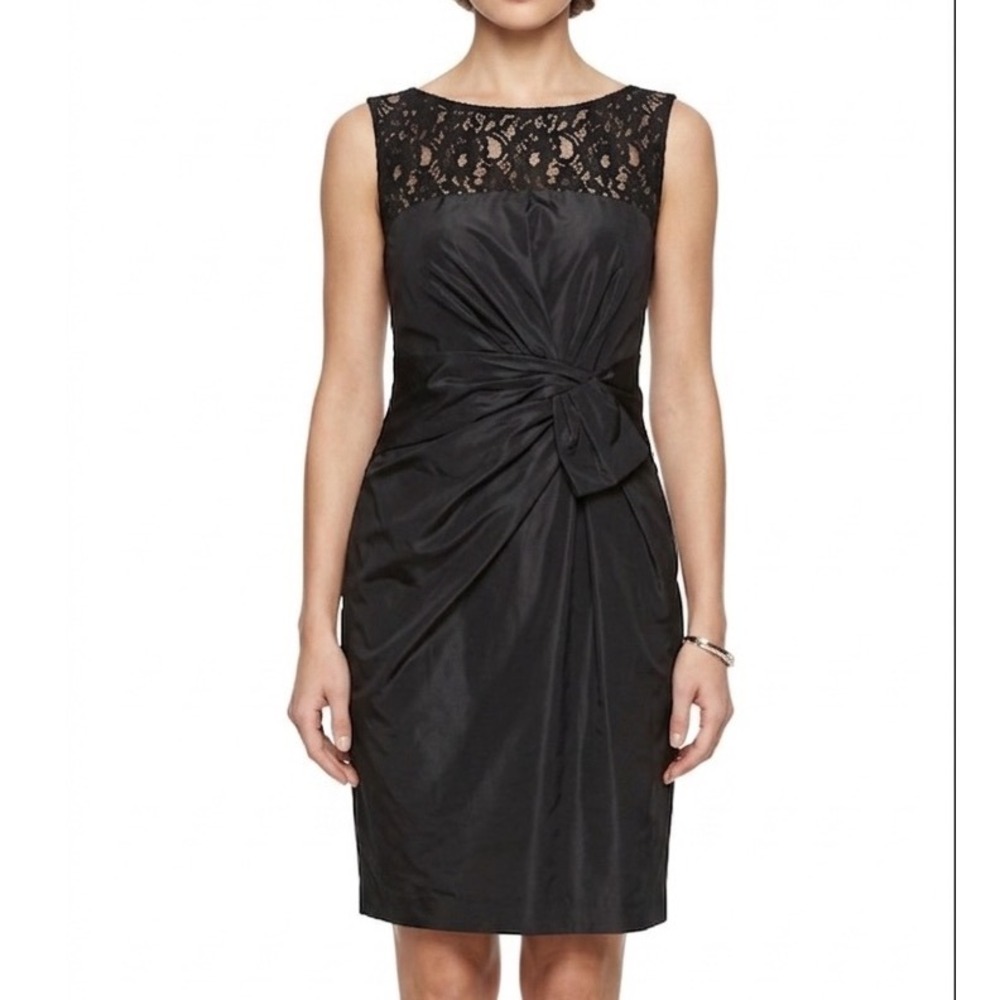Anne Klein NWT Black Lace Bodice Cocktail Dress‎ Size 10 Ruched Bow Sheath
